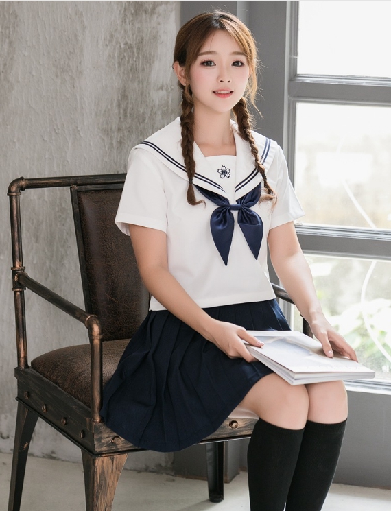 日本正統風格jk校服水手服制服短袖白領櫻花藍二本 幻想工坊